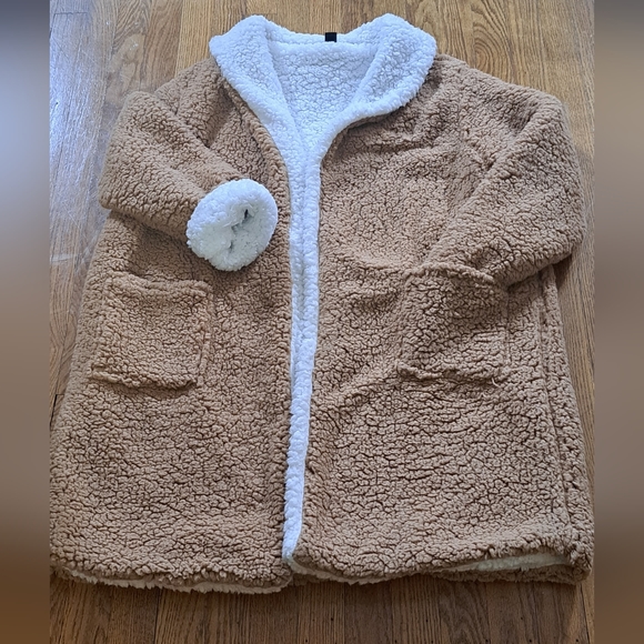 EUC SHEIN Plus Two Tone  Open Front Shawl Collar Camel Teddy with Pockets  0XL - Picture 9 of 11